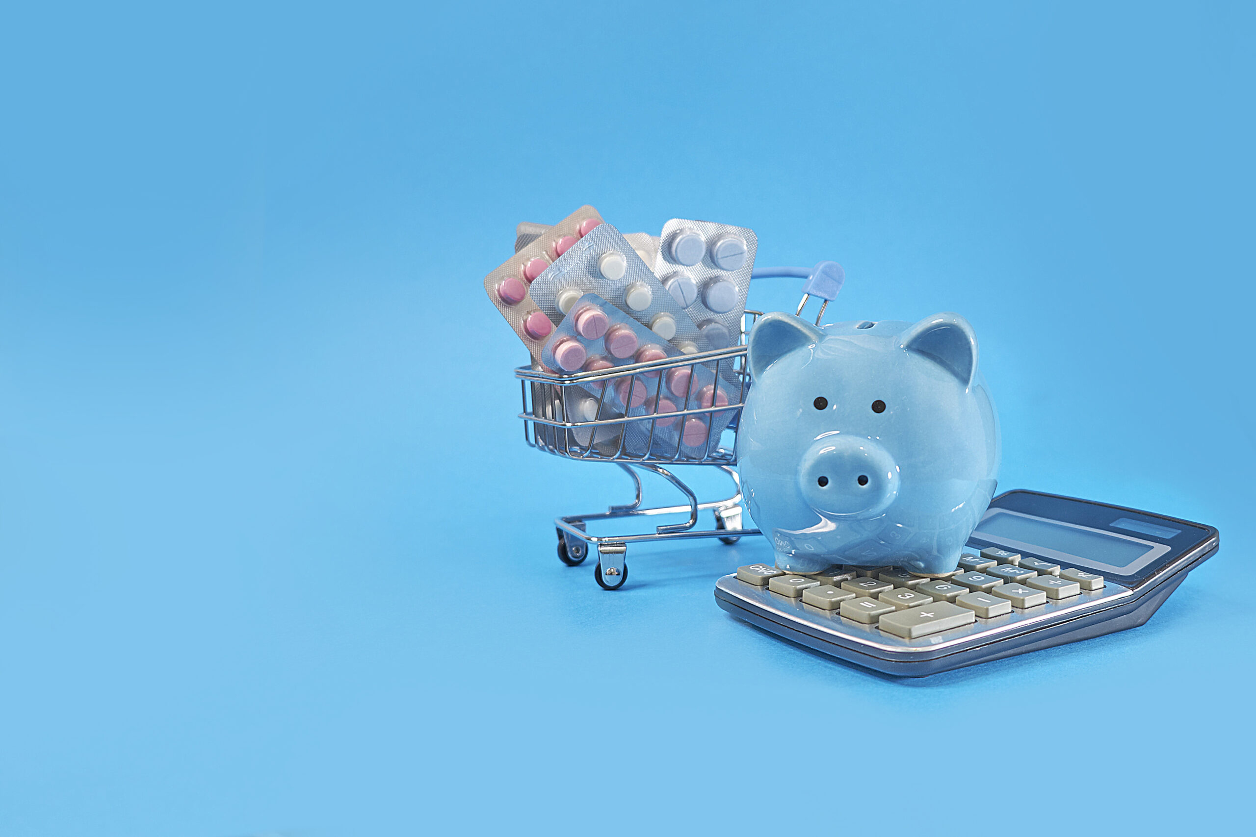 Piggy Bank And Basket With Pills On A Blue Background, Concept Of Saving On Drugs, Online Shopping - Contabilidade no Rio de Janeiro | Grupo Rangel Contabilidade